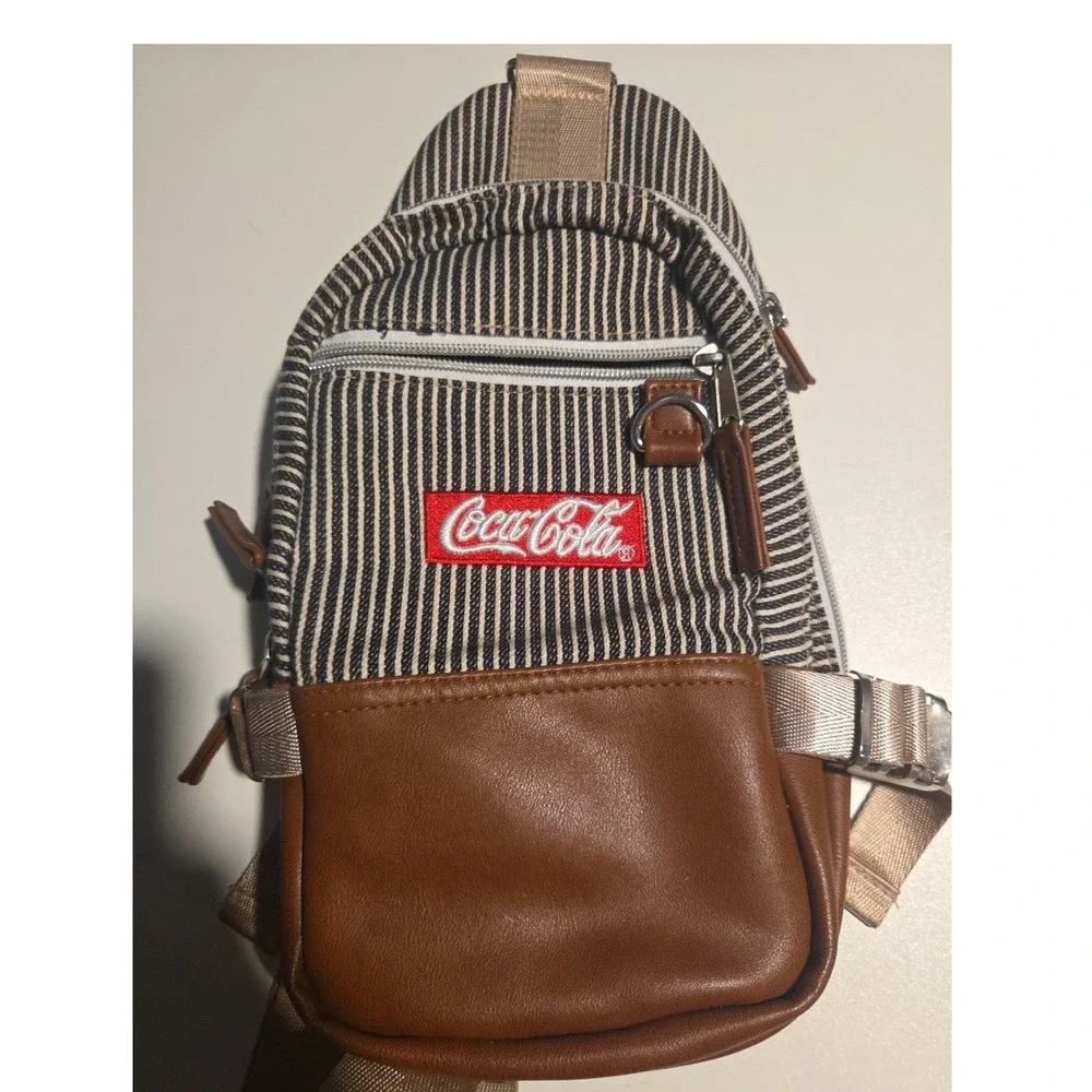 Coca-Cola Sling Bag Hickory Stripe Canvas Brown Faux Leather Crossbody Backpack